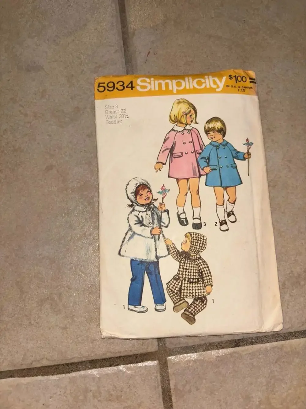 Simplicity Pattern 5934 Toddlers Coat With Collar Hood & Pants Sz 1 Cut Complete